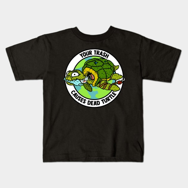 trash turtle, plastic pollution and environmental action icon. Kids T-Shirt by JJadx